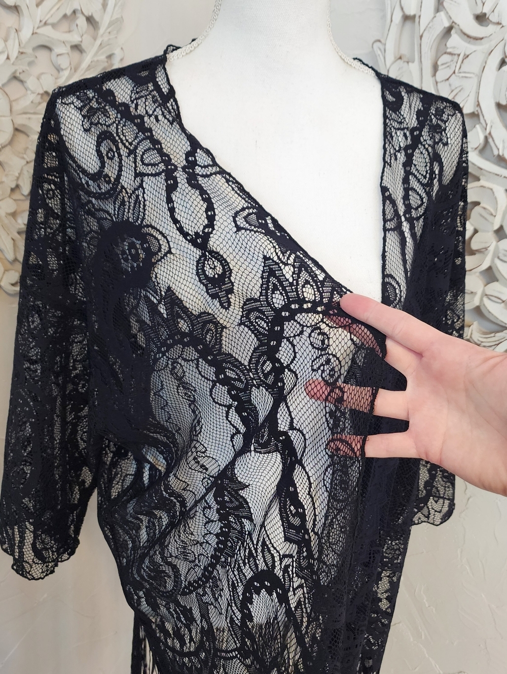 Black Lace Fringe Kimono Cover Up - Picture 4 of 5